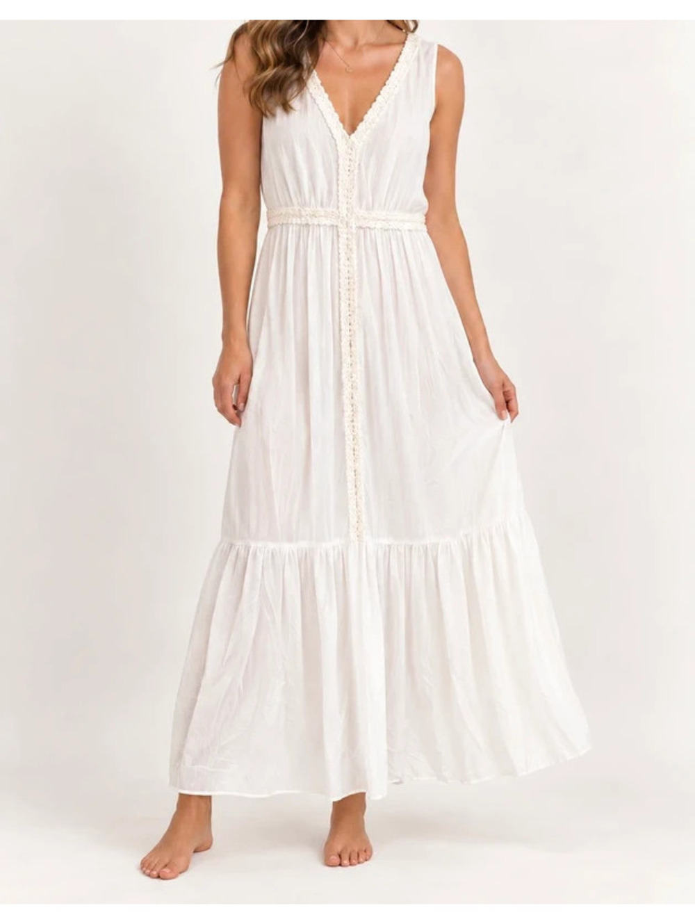 White Crochet Trim Maxi Dress Size Medium Boho Lagenlook Coastal